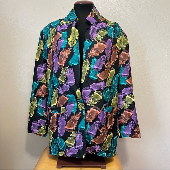 Carol Horn Vintage 100% Silk Allover Feather Print Blazer Multicolor - Picture 2 of 6